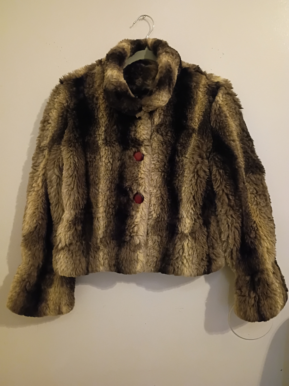 VTG KC Collection Women's Faux Fur Crop Jacket in Brown Stripe Sz L